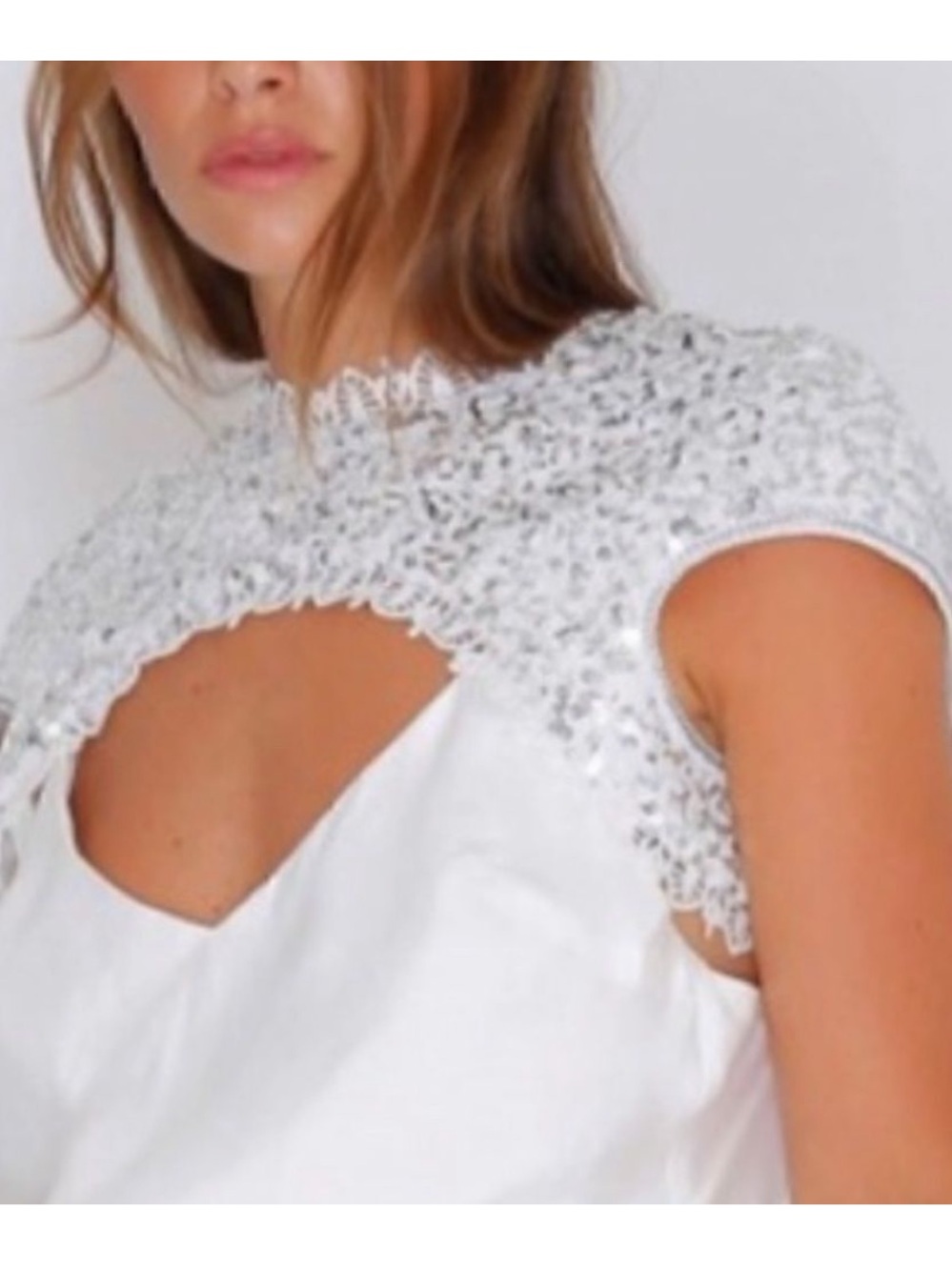 IXIAH x Free People Lacuna Sequin 4 | Sm Silver White Lace Overpiece Tie Top - Picture 12 of 13